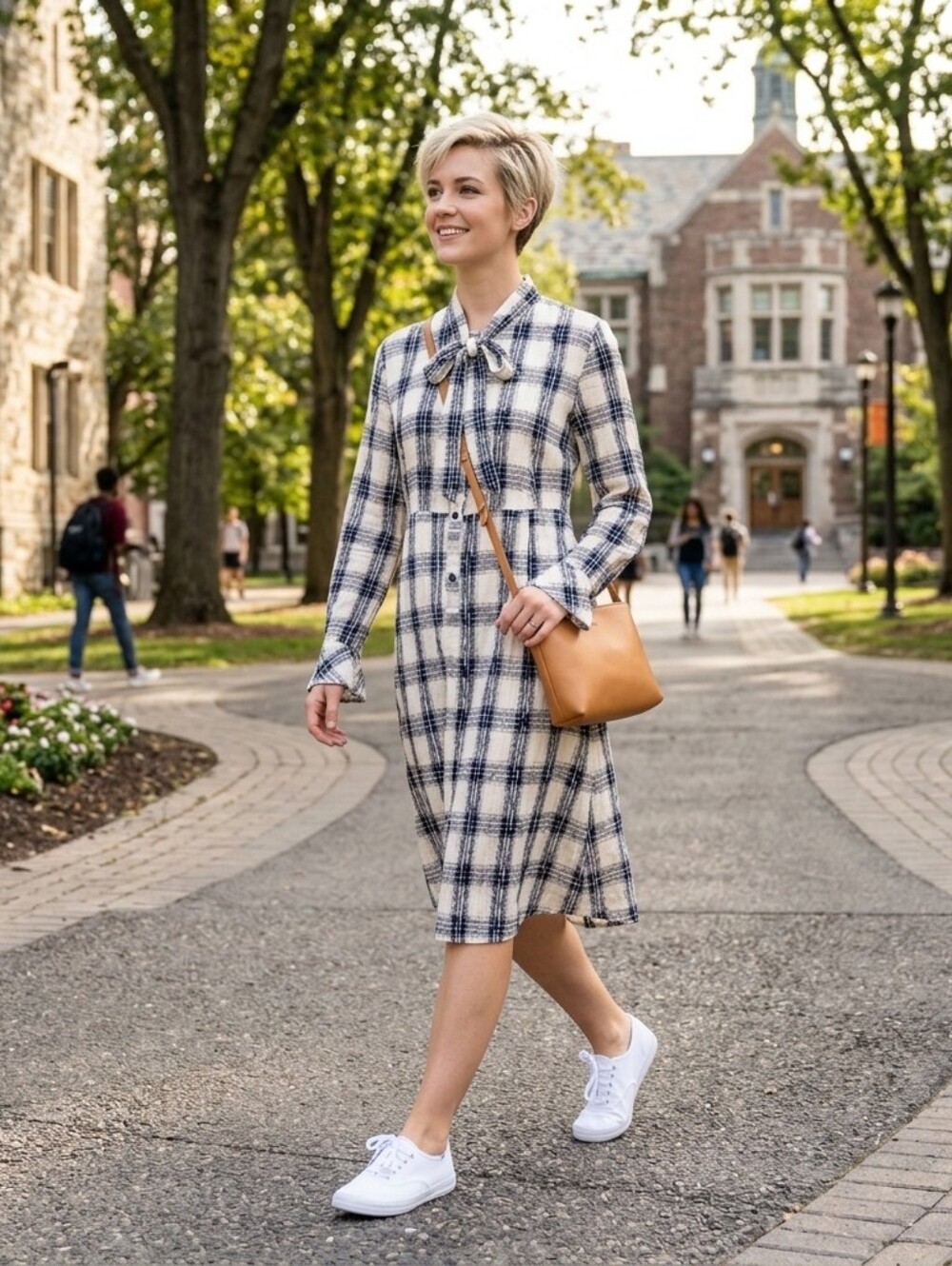 100% cotton, Plaid Bow-Neck Long Sleeve Dress - Black & White  🌻B2G1 Free🌻